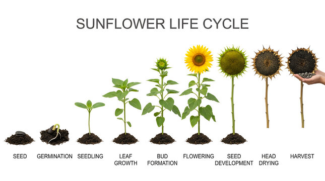 Sunflower life cycle diagram showing stages from seed to harvest