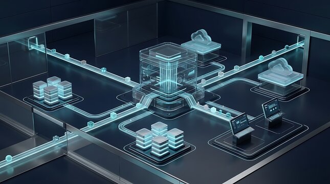 Isometric 3D schematic diagram of a secure cloud network layout, featuring a central processing unit connected via glowing conduits to servers, cloud icons, and user workstations.
