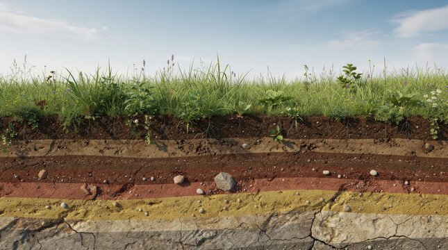 Cross-section of soil layers beneath grass, showing distinct strata of earth with roots, rocks, and soil textures under a partly cloudy sky.