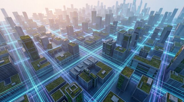 urban infrastructure design, an abstract aerial view of a luminous street grid surrounding eco-friendly buildings, bathed in sunrise hues