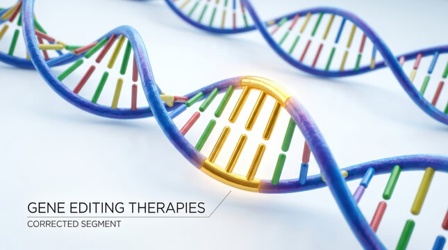 Gene editing therapies concept featuring colorful DNA helix and corrected segment for genetic research and medical innovation
