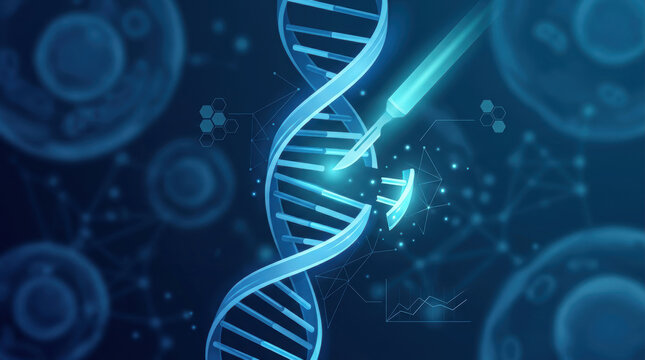 Gene editing therapies concept with glowing DNA helix and molecular research graphics expressing biomedical innovation