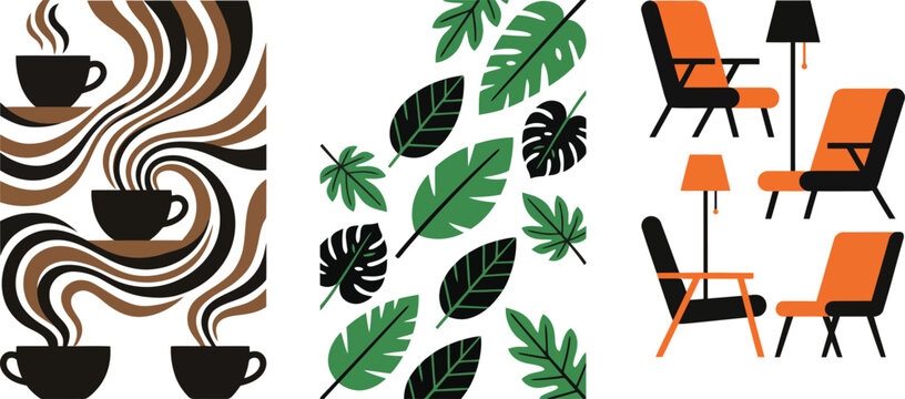 Modern abstract posters with coffee leaves and cozy chairs
