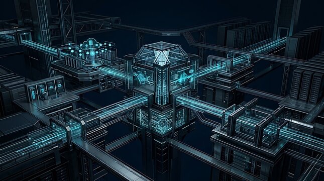 High angle perspective of complex dark industrial computing facility featuring central glass server module linked by glowing cyan data conduits and bridges to surrounding platforms.