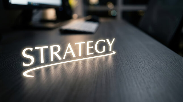 Strategic navigation follows glowing path across dark desk creating focused vision for business planning and leadership