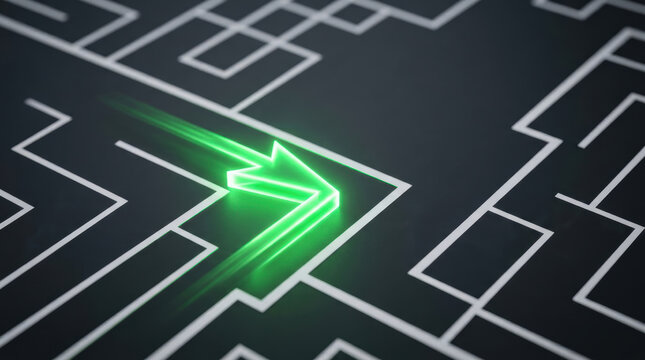 Strategic navigation with glowing path arrow guiding movement through complex maze, symbolizing direction, planning, progress and problem solving