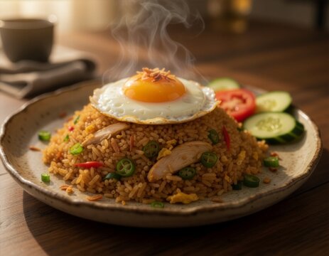 A delicious Indonesian fried noodles (mie goreng) served on a rustic ceramic plate, golden-brown stir-fried noodles mixed with chicken pieces, scrambled egg, cabbage, carrots, green onions, and red ch