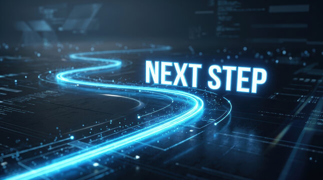 Strategic navigation follows glowing path toward next step through futuristic digital interface with luminous energy and direction