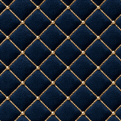 Obraz premium Seamless pattern dark blue quilted fabric forming a diamond pattern. Golden cords crisscrossing, adorned with small golden studs at intersections