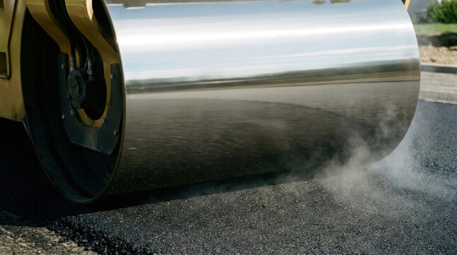 Asphalt road work planning with steamroller compacting fresh pavement