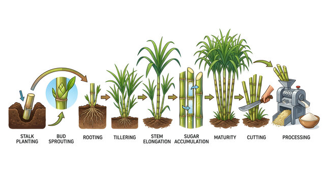 The life cycle of sugarcane from planting to processing, illustrated step-by-step