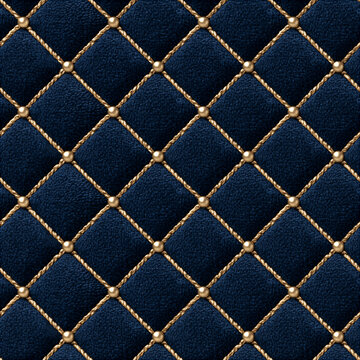 Seamless pattern dark blue quilted fabric forming a diamond pattern. Golden cords crisscrossing, adorned with small golden studs at intersections