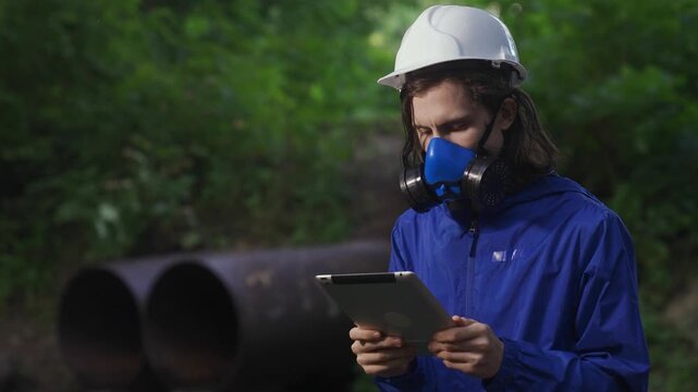 Worker farctory ecology pipe. A man in a blue jacket checks his tablet while wearing a hard hat and mask. The man stands near large pipes in a green, wooded area.