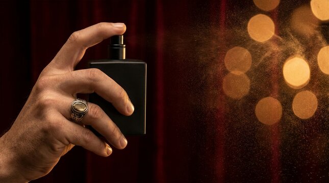 Hand holding and spraying elegant black matte cologne bottle with golden glowing bokeh lights on rich red background. Luxury masculine fragrance and beauty aesthetic