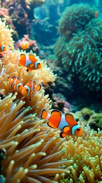 Clownfish swimming among vibrant orange sea anemones in a colorful coral reef underwater scene