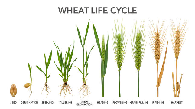 The Wheat Life Cycle diagram illustrates each stage of wheat growth from seed to harvest, highlighting germination, seedling, tillering, stem elongation, heading, flowering, grain filling, ripening.