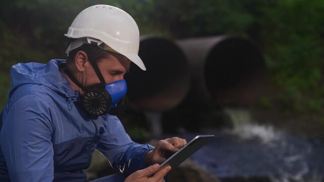 Worker tablet ecology pipe. A man in a hard hat studies a tablet near drainage pipes. The man analyzes data while seated on a rock beside flowing water.