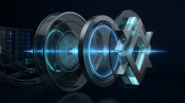 Exploded view optical lens assembly with floating glass elements showing central hexagonal node graphic and blue light beam passing through dark server background.