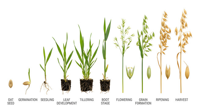 The life cycle of an oat plant shown from seed to harvest, detailing each stage of growth