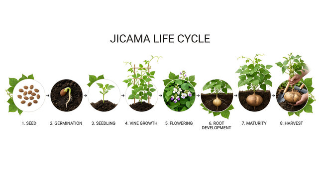 Jicama life cycle diagram showing stages from seed to harvest, including germination, seedling, vine growth, flowering, root development, maturity, and harvesting
