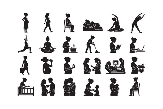 Pregnant woman daily activities and maternity icon set in solid black style. Vector illustration for pregnancy, motherhood, and healthcare.