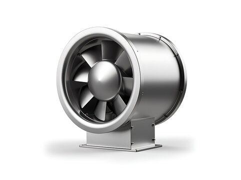 A metallic industrial ventilation fan is isolated against a clean white background.