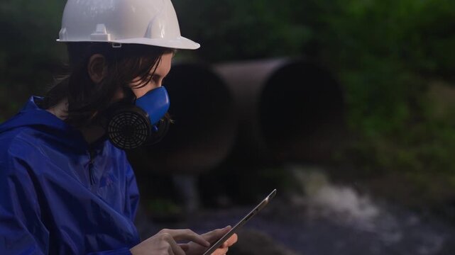 Pipe water factory ecology. The woman in the blue jacket examines a clipboard near the drainage pipes. The woman uses a gas mask while assessing the nearby water flow.