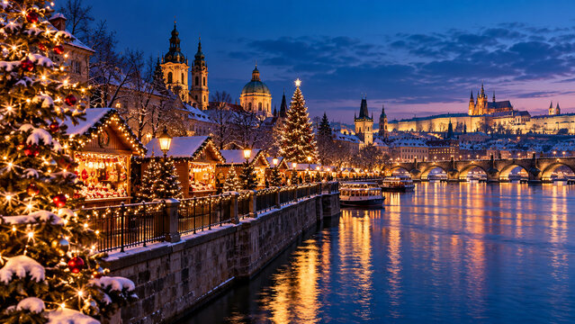 Snowy Christmas Market by the River