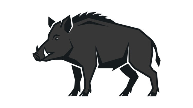 Minimalist vector illustration of a powerful wild boar standing sideways. Dark grey and black stylized geometric design of a feral hog with sharp tusks on a plain white background.