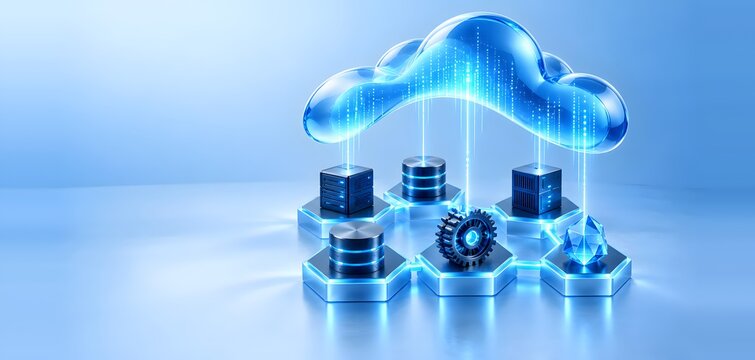 Cloud computing concept with glowing glass cloud hovering above server racks databases and digital infrastructure gears