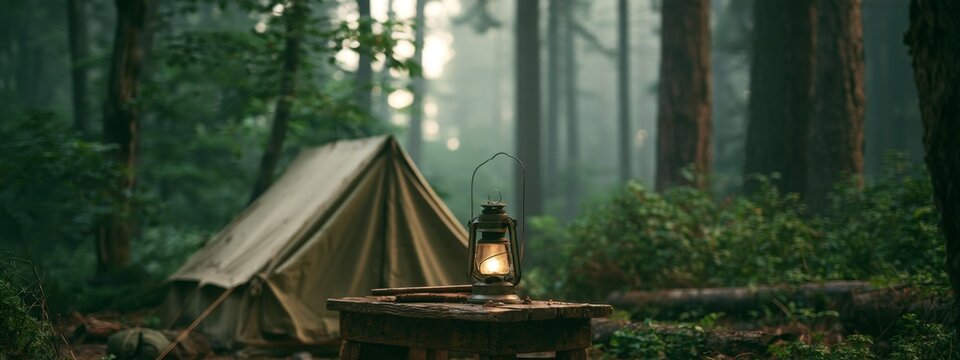 Serene Forest Getaway with Vintage Canvas Tent and Lantern Amidst Lush Greenery in Misty Woodlands