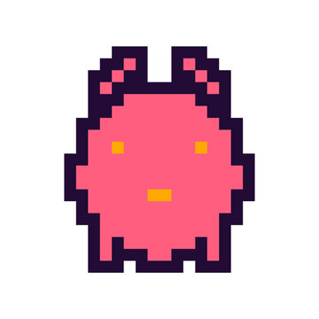 Pixel Art Pink Monster Character Icon in Retro 8 Bit Video Game Style Isolated on White Background