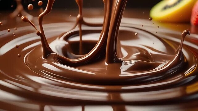 Cinematic macro video of molten chocolate swirling around fresh fruit, forming glossy ribbons and tiny reflections