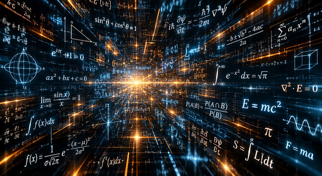 AI generated futuristic data tunnel filled glowing mathematics equations physics formulas graphs geometric diagrams representing science research advanced technology