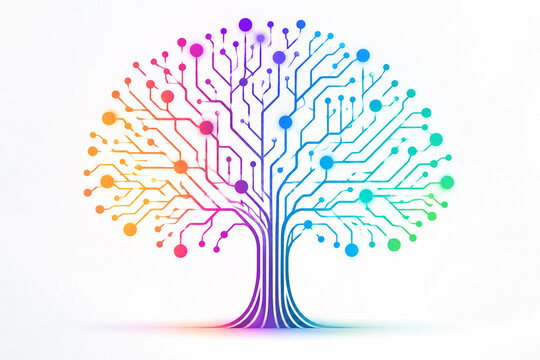 AI generated colorful circuit tree branching pathways connected nodes representing digital technology networks innovation artificial intelligence data connectivity