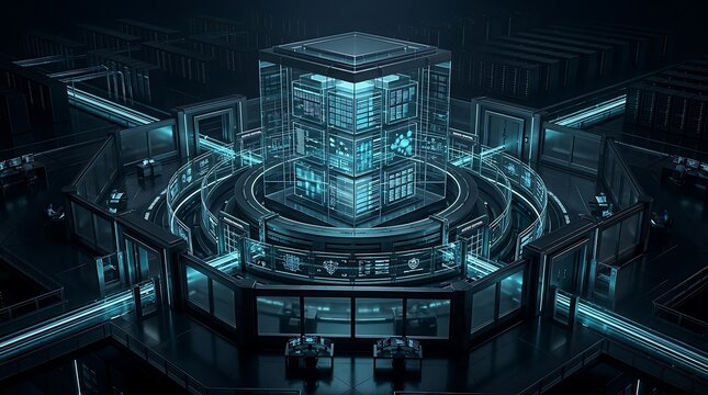 High angle view of a central glowing blue core structure inside a modern technological control facility encircled by glass walkways and operator desks in a dark server room setting.
