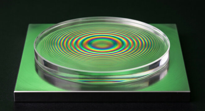 Circular quartz optical flat with rainbow wave interference fringe lines on polished metal block, physics laboratory optics testing nanotech surface inspection