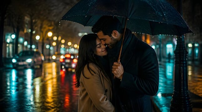 Romantic couple embracing under umbrella on rainy night urban streetlights reflections wet pavement warm clothing love