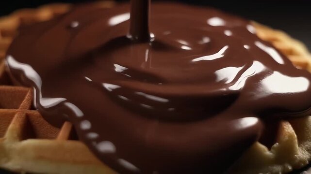 Macro cinematic video of melted chocolate flowing in slow motion over a waffle, creating deep shadows and rich glossy highlights