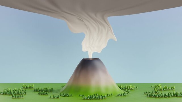 3D illustration volcanic mountain erupting and releasing volcanic ash into the air. 3D animation suitable for natural disaster themes, volcanic activity, educational projects, and presentations.