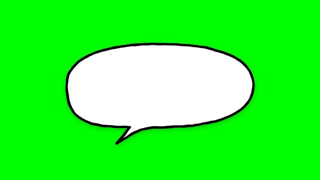 Hand-drawn white speech bubble with black outline on green screen background. Blank comic balloon or dialogue box for text and creative animation.