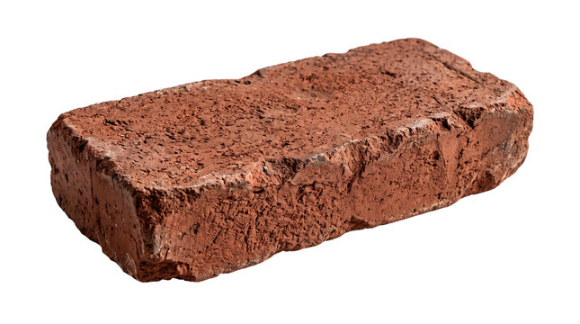 Single rough red clay brick isolated on a white background with sharp texture and detail