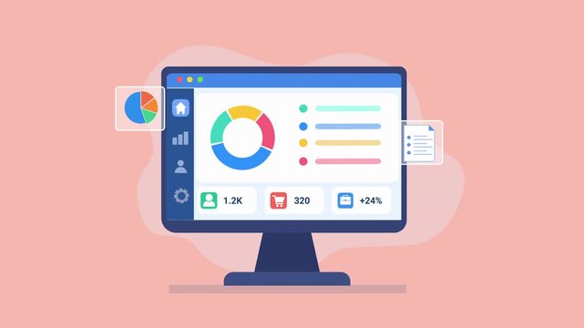 Animated video showing a computer monitor with a business analytics dashboard featuring a pie chart, progress indicators, and data reporting elements on a soft pink background.