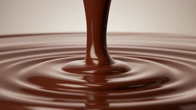 Closeup video of liquid chocolate elegantly dripping onto a dessert, flowing slowly with silky motion and mirror like shine