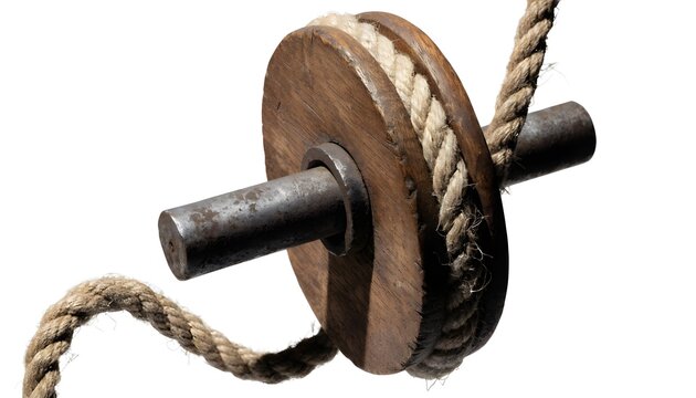 Pulley wheel made of wood and metal with a natural rope threaded through it over a white background.