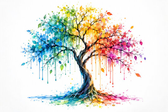 AI generated colorful watercolor tree rainbow foliage flowing paint drips twisted branches exposed roots creating vibrant artistic nature design white