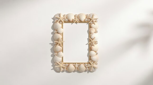 A decorative rectangular frame adorned with seashells and starfish, casting a soft shadow on a light background.