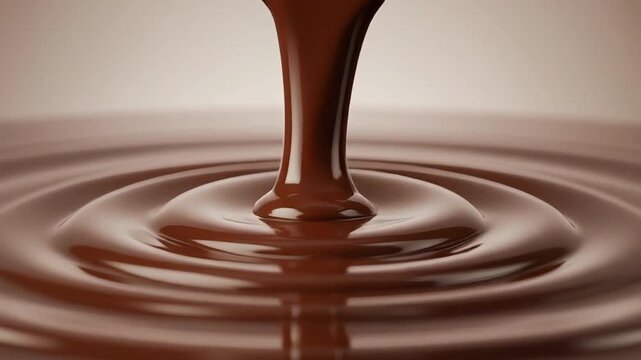 Extreme close-up of liquid chocolate elegantly dripping onto a dessert, flowing slowly with silky motion and mirror like shine