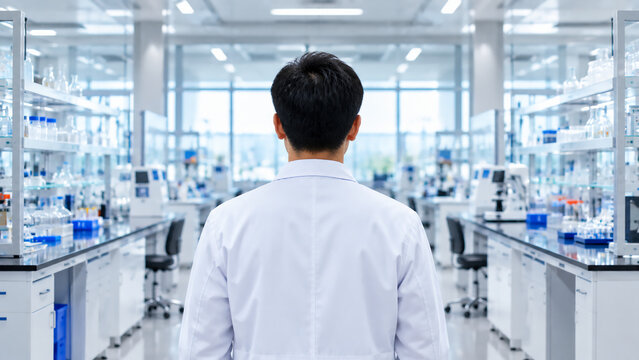 A scientist in a white lab coat stands in a modern laboratory filled with scientific equipment and glassware.