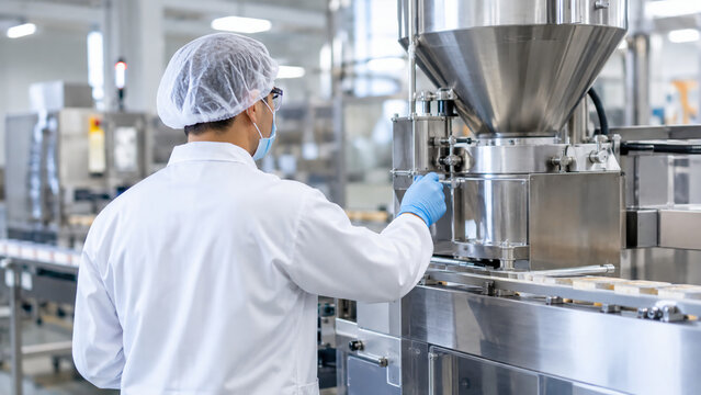 A worker in protective gear operates machinery in a clean, high-tech pharmaceutical or food manufacturing facility.